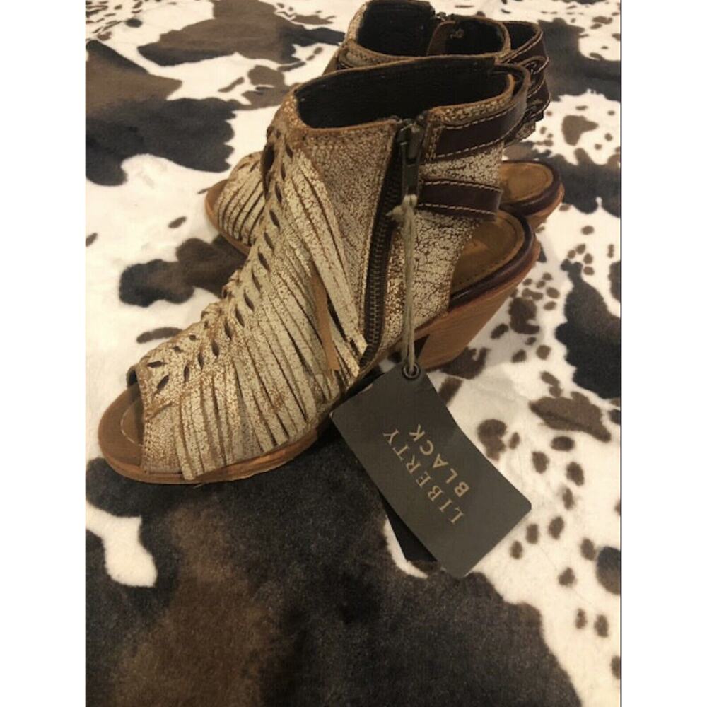 LIBERTY Black Strappy Fringe Ankle Booties - Cream and Brown